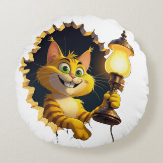 Whimsical Cartoon Cat Holen einer Lampe durch eine Rundes Kissen
