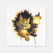 Whimsical Cartoon Cat Holen einer Lampe durch eine Serviette (Vorderseite)