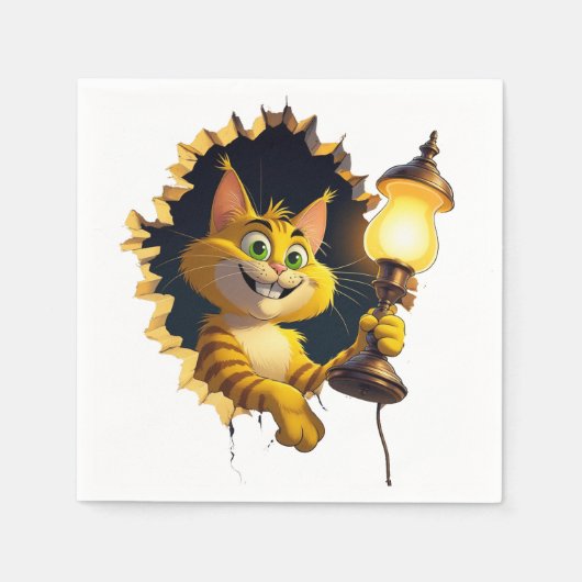 Whimsical Cartoon Cat Holen einer Lampe durch eine Serviette (Vorderseite)