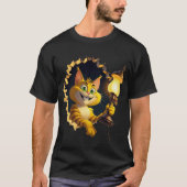 Whimsical Cartoon Cat Holen einer Lampe durch eine T-Shirt (Vorderseite)