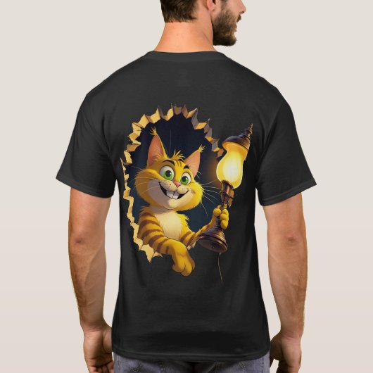Whimsical Cartoon Cat Holen einer Lampe durch eine T-Shirt (Rückseite)