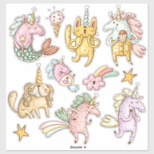 Whimsical Cartoon Doodle Unicorns Illustrationen Aufkleber (Blatt)