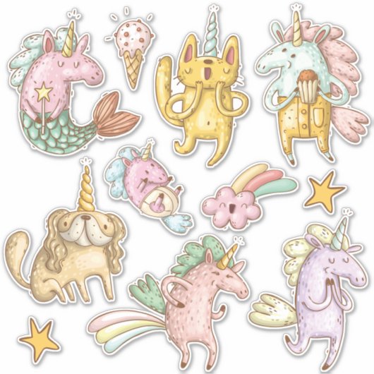Whimsical Cartoon Doodle Unicorns Illustrationen Aufkleber (Vorderseite)
