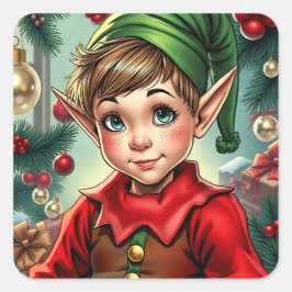 Whimsical Cartoon Elf | Christmas Quadratischer Aufkleber