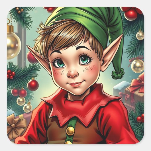 Whimsical Cartoon Elf | Christmas Quadratischer Aufkleber (Vorderseite)