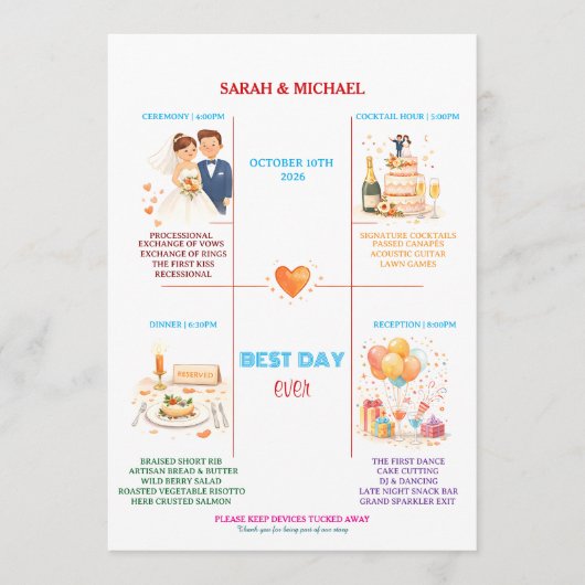 Whimsical Cartoon Icons Wedding Timeline Program Programm (Vorderseite)
