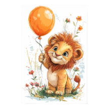 Whimsical Cartoon Lion Cub Holding Ballon Digital