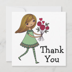 Whimsical Cartoon Mädchen mit einem Strauß Rosen Dankeskarte