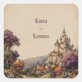 Whimsical Castle Wappen Hochzeit Quadratischer Aufkleber