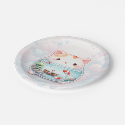 Whimsical Cat Adventure Birthday Paper Plate Pappteller (Schrägansicht)