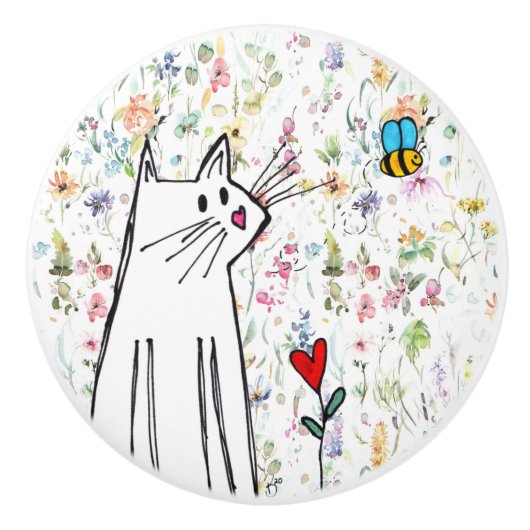 Whimsical Cat and Bee Door Knob Keramikknauf (Vorderseite)