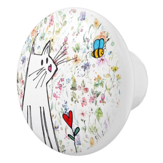 Whimsical Cat and Bee Door Knob Keramikknauf (Rechts)
