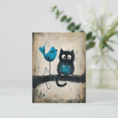 Whimsical Cat and Bird auf einer Zweigstelle Postkarte (Stehend Vorderseite)