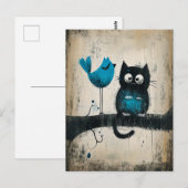 Whimsical Cat and Bird auf einer Zweigstelle Postkarte (Vorne/Hinten)