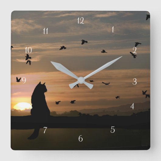 Whimsical Cat and Birds Quadratische Wanduhr (Vorderseite)