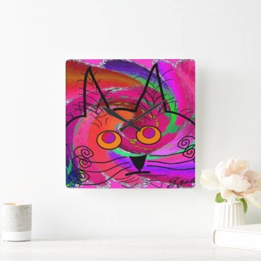 Whimsical Cat Art Clock Quadratische Wanduhr (Zuhause)