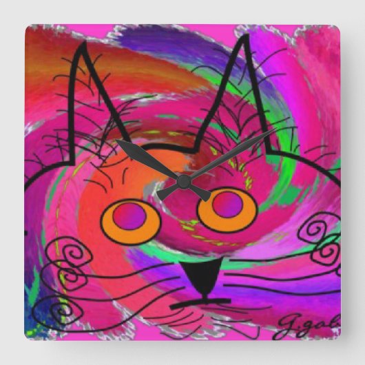 Whimsical Cat Art Clock Quadratische Wanduhr (Vorderseite)