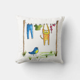 Whimsical Cat auf einer Wäscheleine Kissen