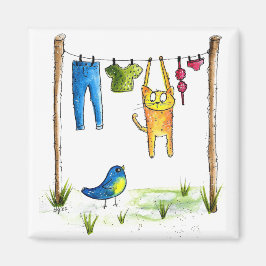 Whimsical Cat auf einer Wäscheleine Magnet