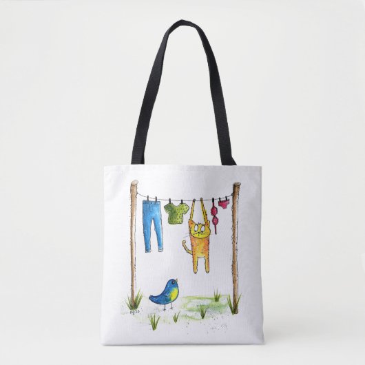 Whimsical Cat auf einer Wäscheleine Tasche (Vorderseite)
