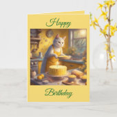 Whimsical Cat backt Geburtstagskuchen Karte (Gelbe Blume)