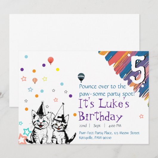 Whimsical Cat Birthday Einladung (Vorne/Hinten)