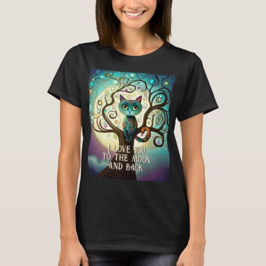 Whimsical Cat Full Moon Artwork I Liebe You T-Shirt (Vorderseite)