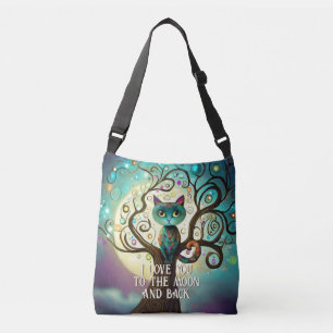 Whimsical Cat Full Moon Artwork I Liebe You Tragetaschen Mit Langen Trägern