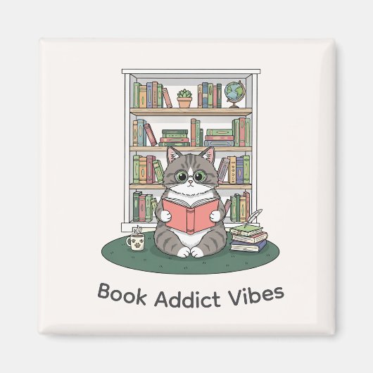 Whimsical Cat Glasses Reading Bookshelf Cute Decor Magnet (Vorne)