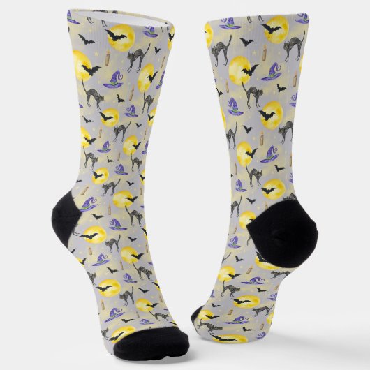 Whimsical Cat & Hexenhut Halloween Socken (Gewinkelt)