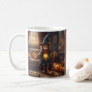 Whimsical Cat in einem Denim-Vogelscheuchen-Kostüm Kaffeetasse
