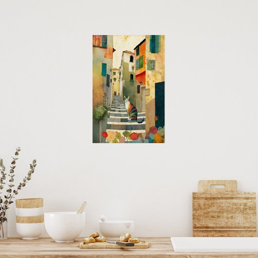 Whimsical Cat in einem mediterranen Dorf Poster (Küche)
