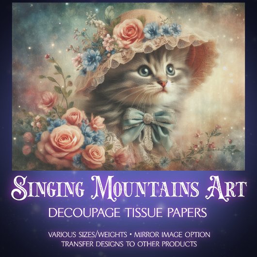 Whimsical Cat In Floral Hat Decoupage Seidenpapier