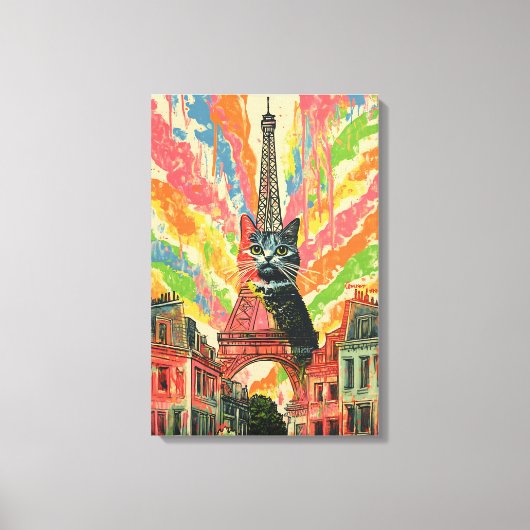 Whimsical Cat in Paris - Eiffelturm Kunst Leinwanddruck (Vorderseite)