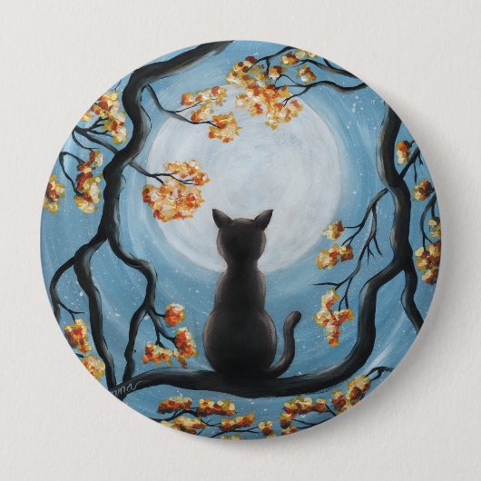 Whimsical Cat in Tree Full Moon Malerei Button (Vorderseite)