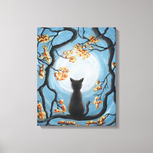 Whimsical Cat in Tree Full Moon Malerei Leinwanddruck (Vorderseite)