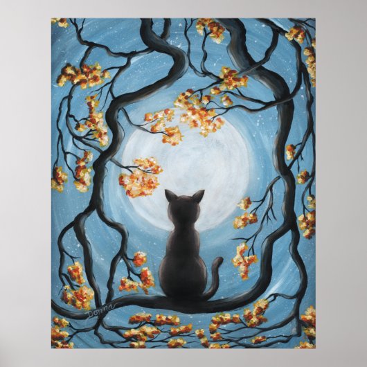 Whimsical Cat in Tree Full Moon Malerei Poster (Vorne)