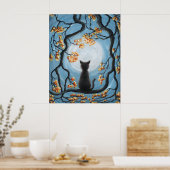 Whimsical Cat in Tree Full Moon Malerei Poster (Küche)