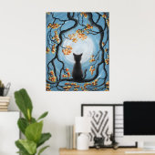 Whimsical Cat in Tree Full Moon Malerei Poster (Heimbüro)