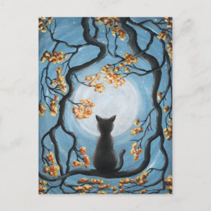 Whimsical Cat in Tree Full Moon Malerei Postkarte