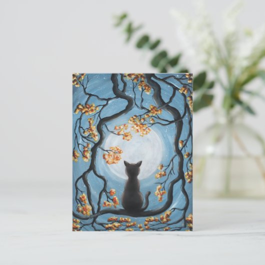 Whimsical Cat in Tree Full Moon Malerei Postkarte (Stehend Vorderseite)