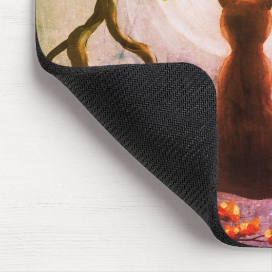Whimsical Cat in Tree Vollmond Malerei Kunst Mousepad (Ecke)
