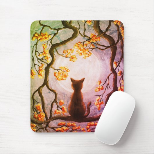 Whimsical Cat in Tree Vollmond Malerei Kunst Mousepad (Mit Mouse)