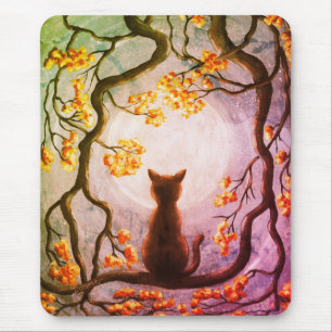 Whimsical Cat in Tree Vollmond Malerei Kunst Mousepad
