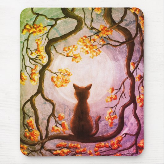 Whimsical Cat in Tree Vollmond Malerei Kunst Mousepad (Vorne)