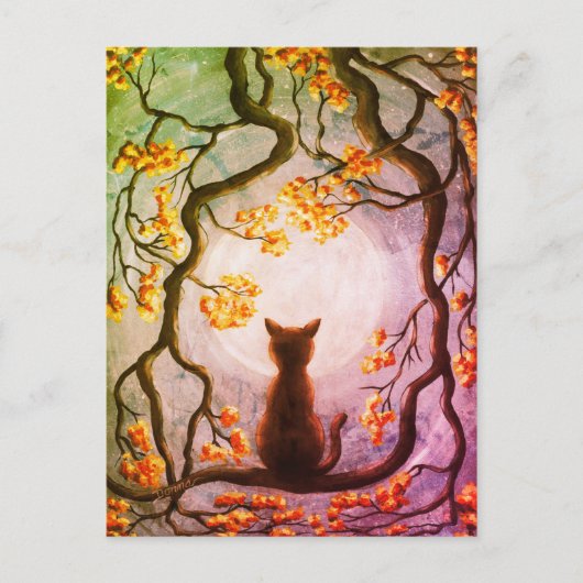 Whimsical Cat in Tree Vollmond Malerei Kunst Postkarte (Vorderseite)