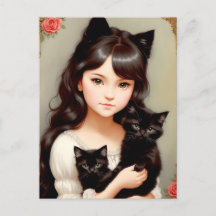 Whimsical Cat Lady - Vintage Malerei. Postkarte