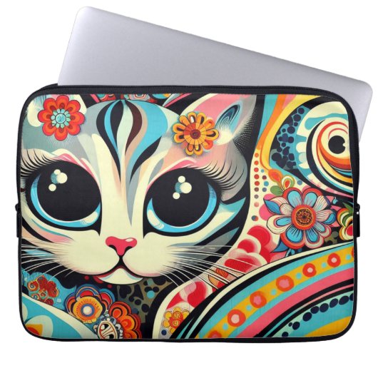 Whimsical Cat Mexican Folk Art Talavera Style Laptopschutzhülle (Vorderseite)