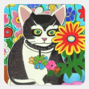 Whimsical Cat mit Blume Folk Art Quadratischer Aufkleber
