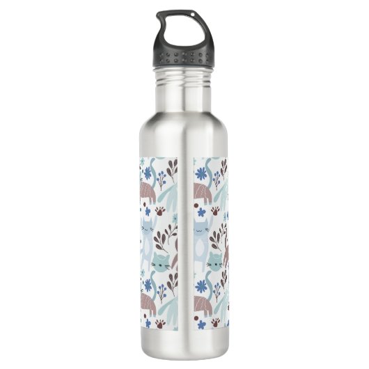 Whimsical Cat Pattern, Blaugraues Monogramm Edelstahlflasche (Rückseite)